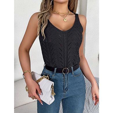 Womens Pointelle Knit Top V Neck Strappy Sleeveless Tank Tops