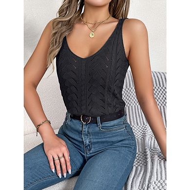 Womens Pointelle Knit Top V Neck Strappy Sleeveless Tank Tops