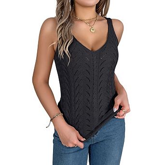 Womens Pointelle Knit Top V Neck Strappy Sleeveless Tank Tops