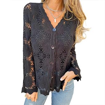 Women Dressy Casual Tops Long Sleeve Lace Button Up Shirts V Neck Trendy Tunic Loose Blouses