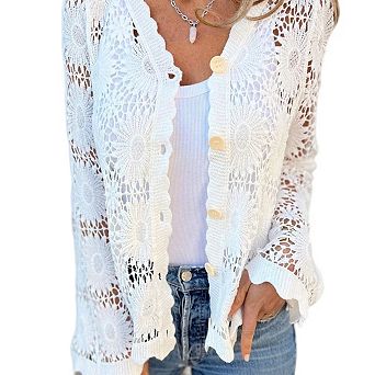 Women Dressy Casual Tops Long Sleeve Lace Button Up Shirts V Neck Trendy Tunic Loose Blouses