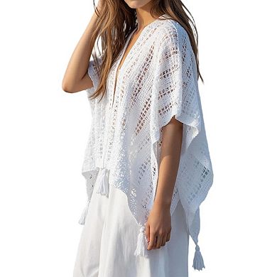 Women Crochet Knit Shawl Cape Boho Hollow Mesh Poncho Wrap Cardigan Lightweight Openwork Cover Up