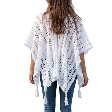 Women Crochet Knit Shawl Cape Boho Hollow Mesh Poncho Wrap Cardigan Lightweight Openwork Cover Up