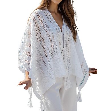 Women Crochet Knit Shawl Cape Boho Hollow Mesh Poncho Wrap Cardigan Lightweight Openwork Cover Up