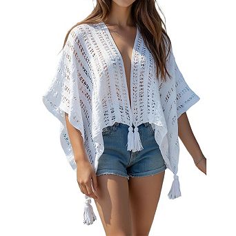 Women Crochet Knit Shawl Cape Boho Hollow Mesh Poncho Wrap Cardigan Lightweight Openwork Cover Up