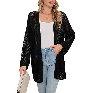 Women's Crochet Cardigan Light Weight Long Sleeve Open Front Hollow Out Thin Cardigan