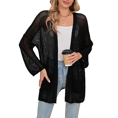 Women's Crochet Cardigan Light Weight Long Sleeve Open Front Hollow Out Thin Cardigan