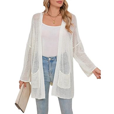 Women's Crochet Cardigan Light Weight Long Sleeve Open Front Hollow Out Thin Cardigan