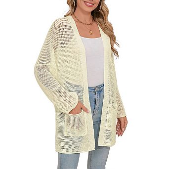 Women's Crochet Cardigan Light Weight Long Sleeve Open Front Hollow Out Thin Cardigan