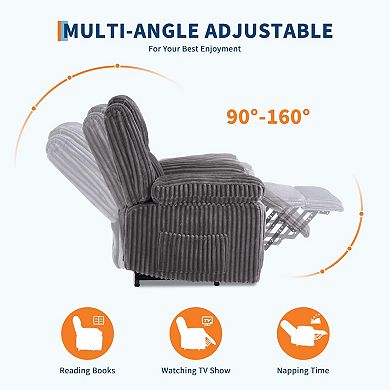 ANIXOL Manual Corduroy Recliner Chair with Pull Handle, Side Pocket and Pillow-Top Arms