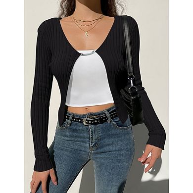 Women's Ribbed Knit Cardigan Top Button Down V Neck Lightweight Cropped Cardigan Sweater