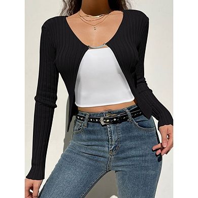 Women's Ribbed Knit Cardigan Top Button Down V Neck Lightweight Cropped Cardigan Sweater