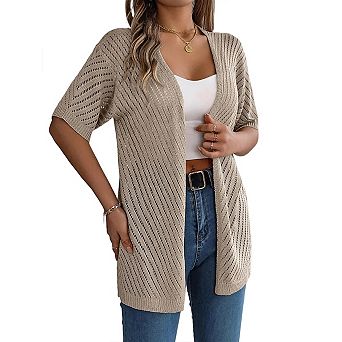 Lightweight Crochet Cardigan for Women Short Sleeve Duster Boho Open Front Knitted Cardigan