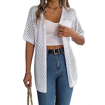 Lightweight Crochet Cardigan for Women Short Sleeve Duster Boho Open Front Knitted Cardigan