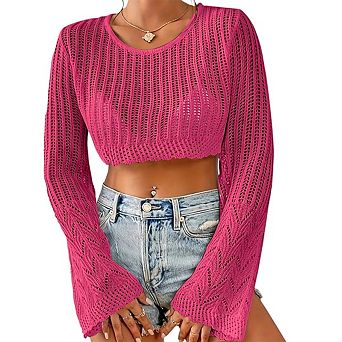 Women's Crochet Sweater Lightweight Short-Sleeve Top Long-Sleeve Openwork Knit Cover-Up