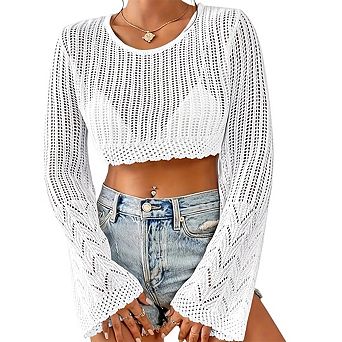 Women's Crochet Sweater Lightweight Short-Sleeve Top Long-Sleeve Openwork Knit Cover-Up