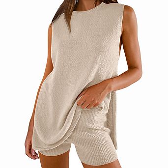 Women Knit Crew Neck Sleeveless Top Shorts Set Daily Versatile Loose Set Lightweight 2 pc Outfits