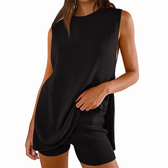 Women Knit Crew Neck Sleeveless Top Shorts Set Daily Versatile Loose Set Lightweight 2 pc Outfits