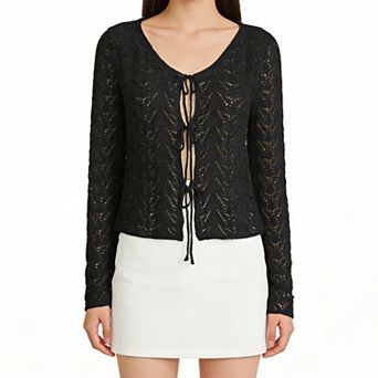 Women Cardigan Sweaters V Neck Cropped Bow Tie Front Cardigan Long Sleeve Tops Knit Cardigan Outfit