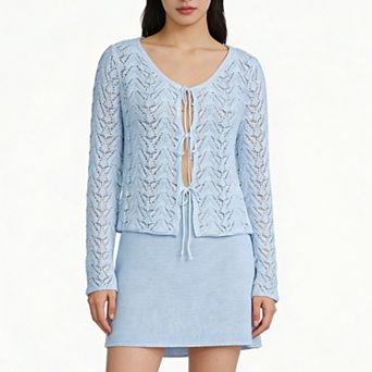 Women Cardigan Sweaters V Neck Cropped Bow Tie Front Cardigan Long Sleeve Tops Knit Cardigan Outfit