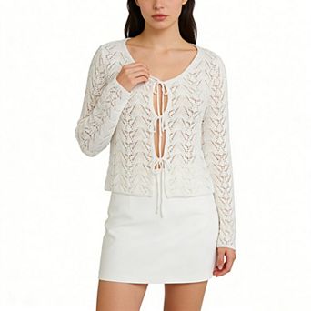 Women Cardigan Sweaters V Neck Cropped Bow Tie Front Cardigan Long Sleeve Tops Knit Cardigan Outfit