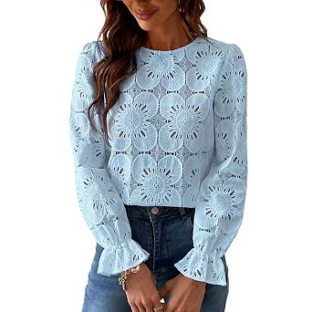 Women Eyelet Long Sleeve Tops Shirts Dressy Hollow Out Crochet Lace Embroidered Blouses Fashion