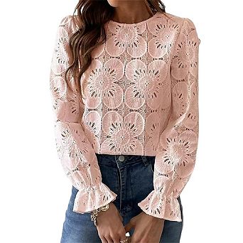 Women Eyelet Long Sleeve Tops Shirts Dressy Hollow Out Crochet Lace Embroidered Blouses Fashion