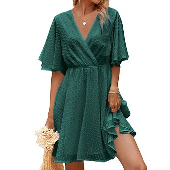 Women Summer Wrap Polka Dot Chiffon Dress V-Neck Short Sleeve Dress Daily Versatile Waist Slim Dress