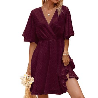 Women Summer Wrap Polka Dot Chiffon Dress V-Neck Short Sleeve Dress Daily Versatile Waist Slim Dress