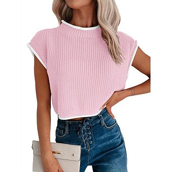 Women's Casual Sweater Vest Business Short Sleeve Crochet Tops Cap Sleeve Knit Shirt