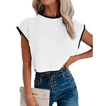 Women's Casual Sweater Vest Business Short Sleeve Crochet Tops Cap Sleeve Knit Shirt