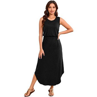Women Knit Summer Dress Cover Up Crew Neck Elastic Waist Side Slit Midi Casual Sundress Beach Dress