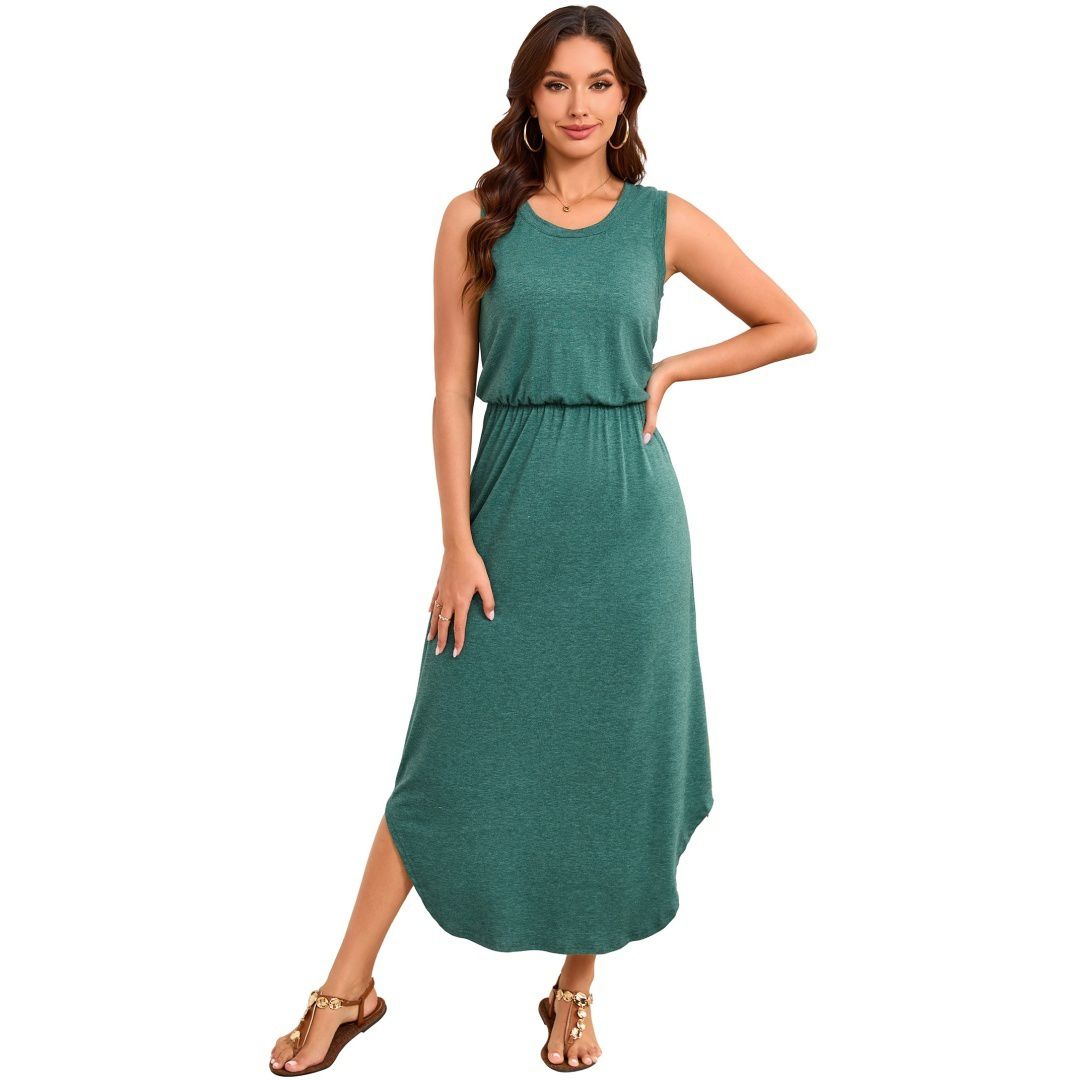 Женские платья Women Knit Summer Dress Cover Up Crew Neck Elastic Waist Side Slit Midi Casual Sundress Beach Dress