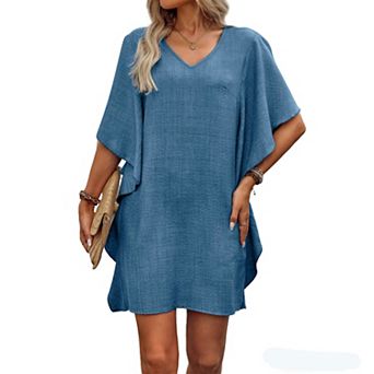Women's Ruffle Sleeve V Neck Faux Linen Dress Loose Casual Shift Mini Dress Summer Beach Vacation
