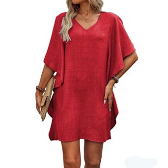 Women's Ruffle Sleeve V Neck Faux Linen Dress Loose Casual Shift Mini Dress Summer Beach Vacation
