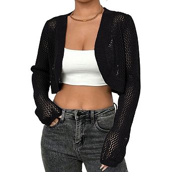 Women Open Front Ribbed Knit Crop Bolero Drop Shoulder Long Sleeve Knitted Crop Cardigan Shrug