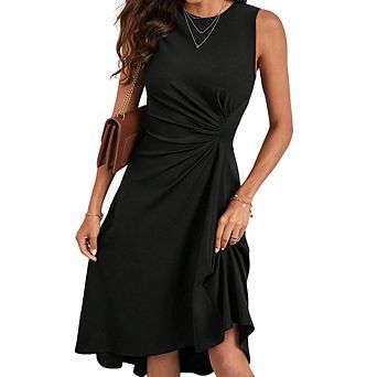 Women Elegant Sleeveless Dress Ruched Waist High Low Midi Cocktail Party Dress Fashion Evening Dress