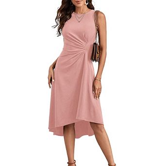 Women Elegant Sleeveless Dress Ruched Waist High Low Midi Cocktail Party Dress Fashion Evening Dress