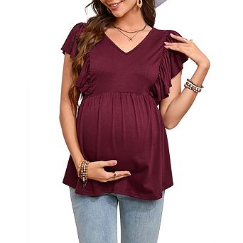Women Maternity Shirts Flying Short Sleeve Maternity Tops V Neck T-Shirt Pregnancy Blouses