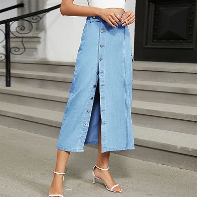 Women's Denim Midi Skirt Button Front Cargo Pocket Skirt Half-Elastic Waist & Side Slit