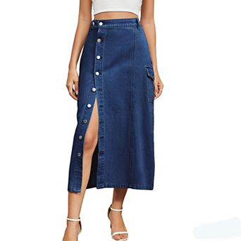Women's Denim Midi Skirt Button Front Cargo Pocket Skirt Half-Elastic Waist & Side Slit