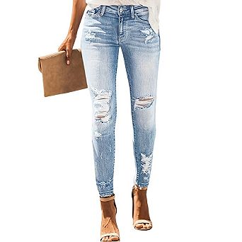 Women's High Rise Skinny Stretch Ripped Jeans High Waisted Destroyed Denim Pants