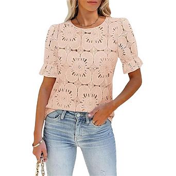 Women Eyelet Short Sleeve Tops Shirts Dressy Hollow Out Crochet Lace Embroidered Blouses Fashion