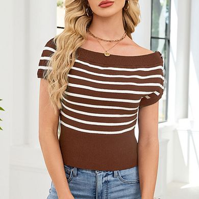 Women's Cropped Striped Off Shoulder Knit Top Shoulder Button Design Slim Short Sleeve Knit Top