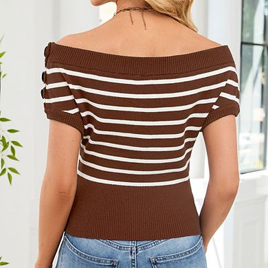 Women's Cropped Striped Off Shoulder Knit Top Shoulder Button Design Slim Short Sleeve Knit Top