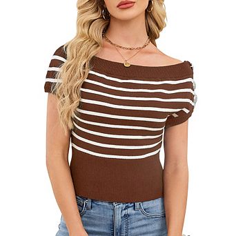 Women's Cropped Striped Off Shoulder Knit Top Shoulder Button Design Slim Short Sleeve Knit Top
