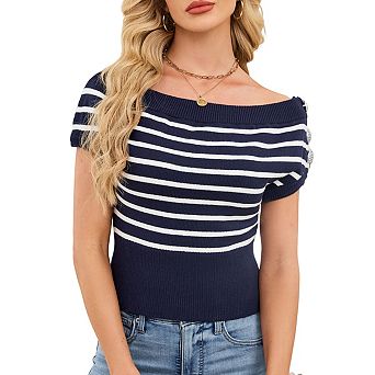 Women's Cropped Striped Off Shoulder Knit Top Shoulder Button Design Slim Short Sleeve Knit Top
