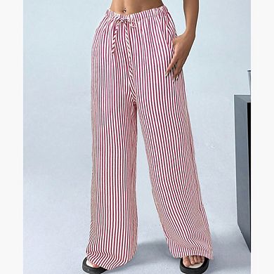Women's Striped Straight Pants Loose Elastic Waist Drawstring Wide Leg Pants Daily Versatile Pants