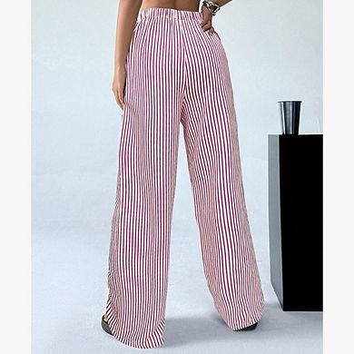 Women's Striped Straight Pants Loose Elastic Waist Drawstring Wide Leg Pants Daily Versatile Pants