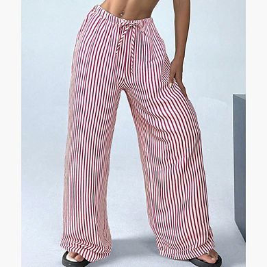 Women's Striped Straight Pants Loose Elastic Waist Drawstring Wide Leg Pants Daily Versatile Pants